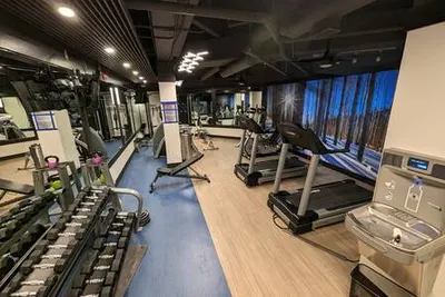 Fitness center with mountain views