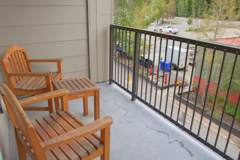 Balcony seating overlooking the village and service area below